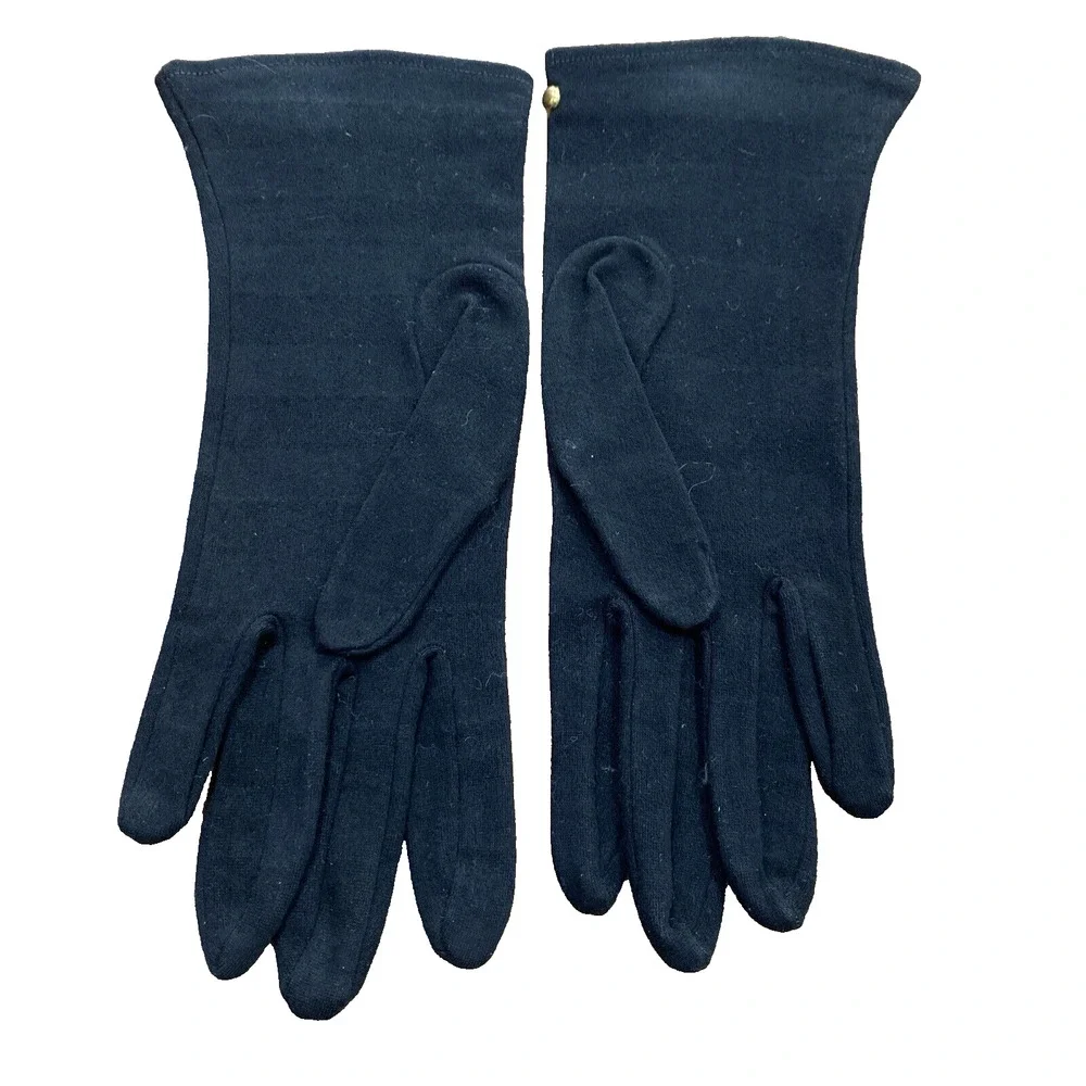 Vintage Black Fabric Driving Gloves Brass Studs Wrist Length Cotton Mid Century